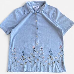 Vintage BFA Classics Button Down Shirt with Pink Blue Embroidered Wildflowers